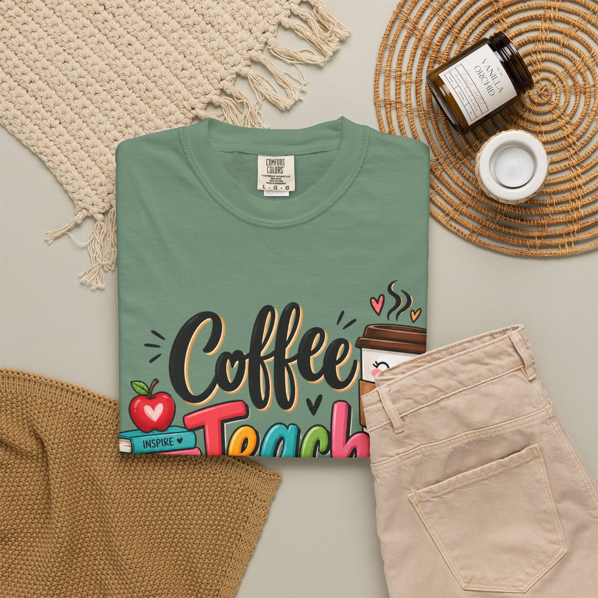 Coffee Teach Repeat T-shirt | Teacher Coffee Book Stack Pencil Mug Design