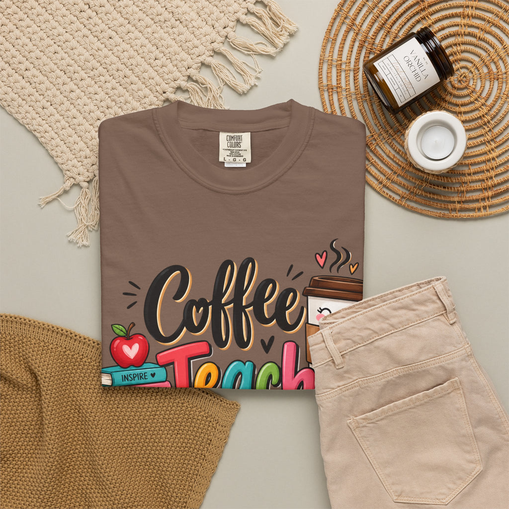 Coffee Teach Repeat T-shirt | Teacher Coffee Book Stack Pencil Mug Design