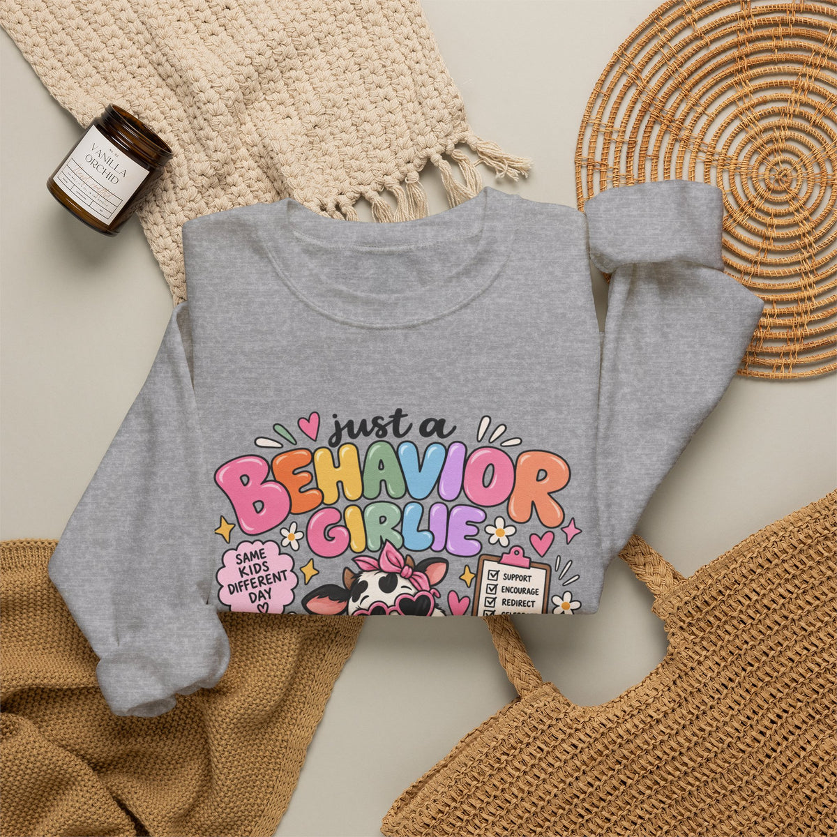 Just a Behavior Girl Crewneck Sweatshirt | Cute Cow Character, Books & Therapy Icons