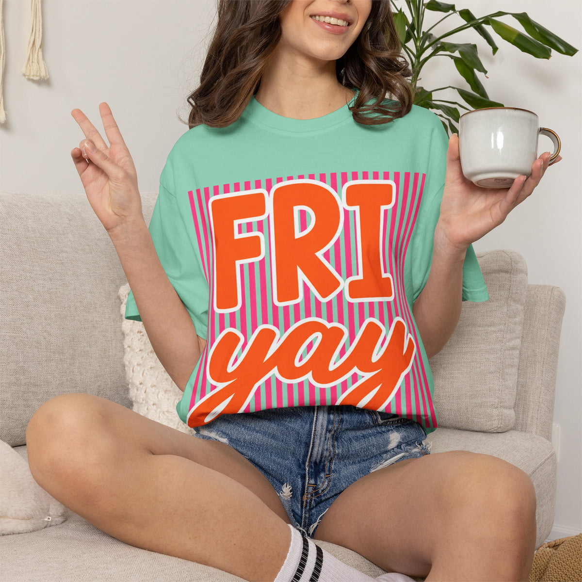 FRI yay T-shirt | Bright Retro Text, Pink Stripes