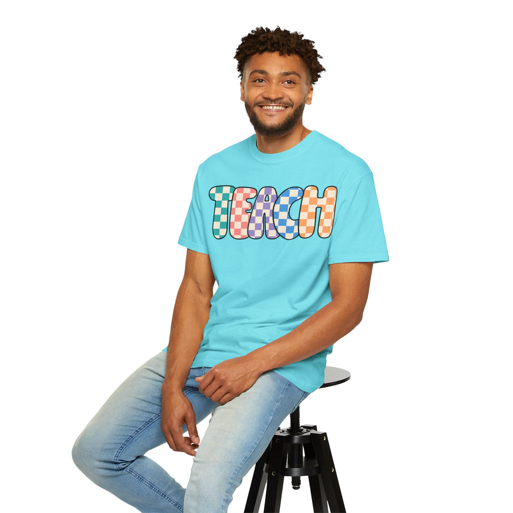 Teach Bubble Letters Checkerboard T-Shirt | Colorful Retro School Tee