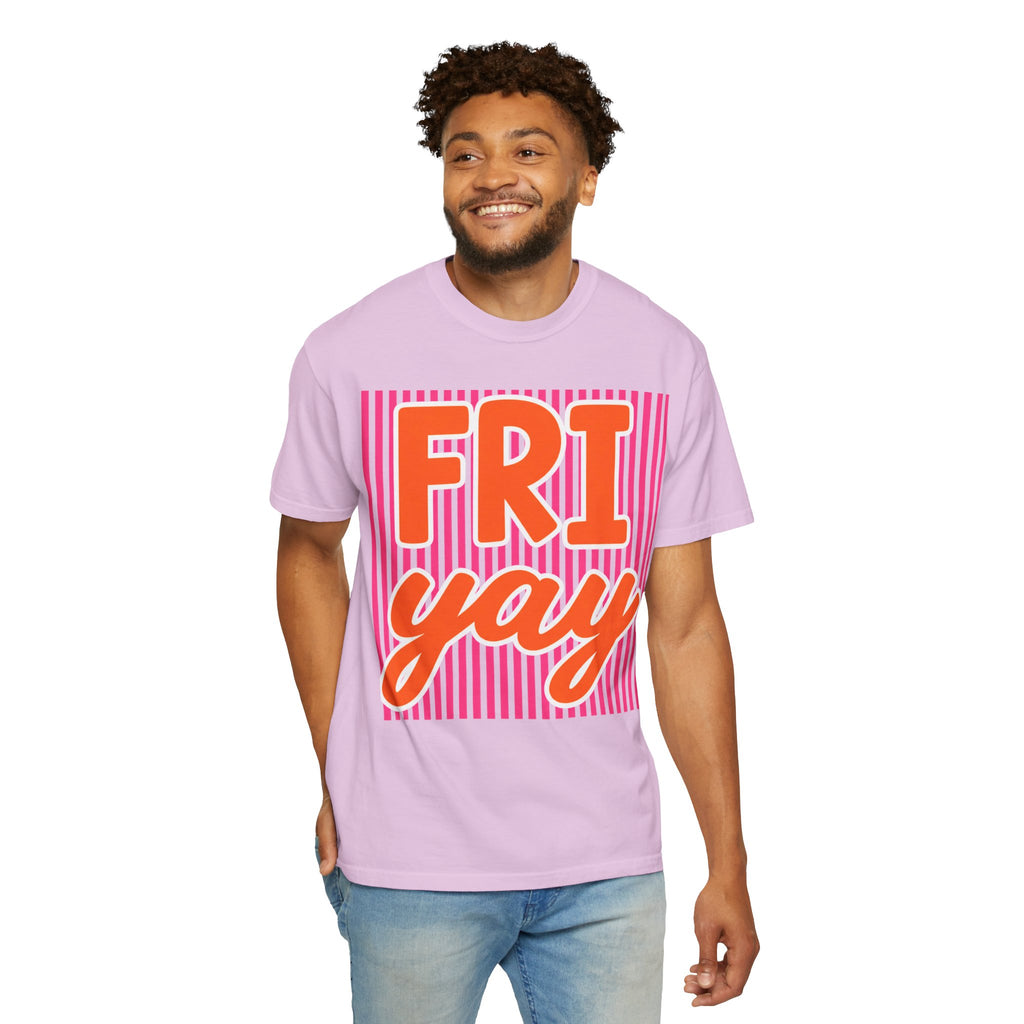 FRI yay T-shirt | Bright Retro Text, Pink Stripes