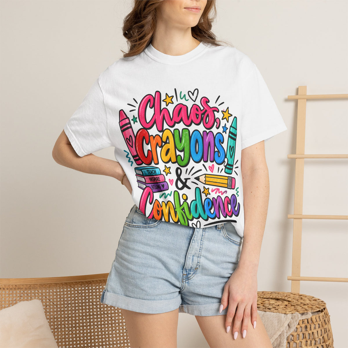 Chaos Crayons & Confidence T-shirt | Colorful Crayon School Art Tee