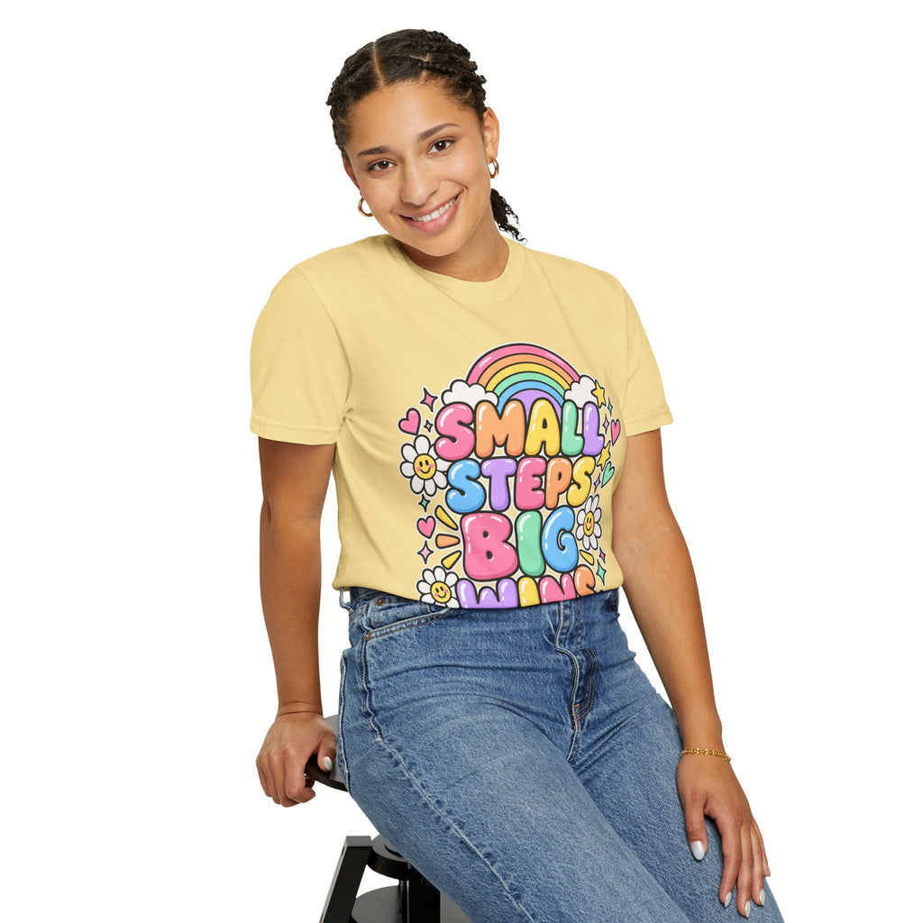 Small Steps Big Wins T-shirt | Retro Rainbow Positive Graphic