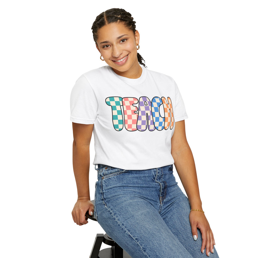 Teach Bubble Letters Checkerboard T-Shirt | Colorful Retro School Tee