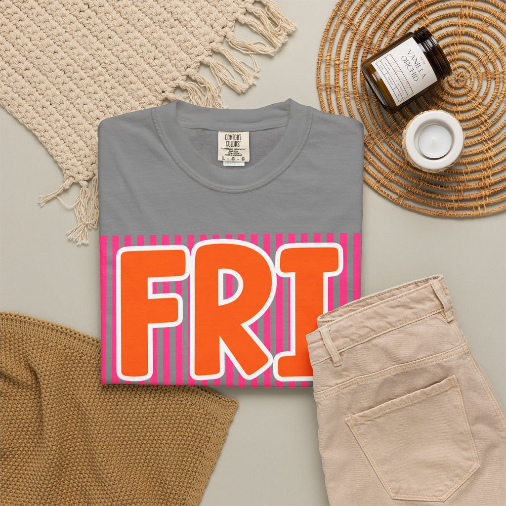 FRI yay T-shirt | Bright Retro Text, Pink Stripes