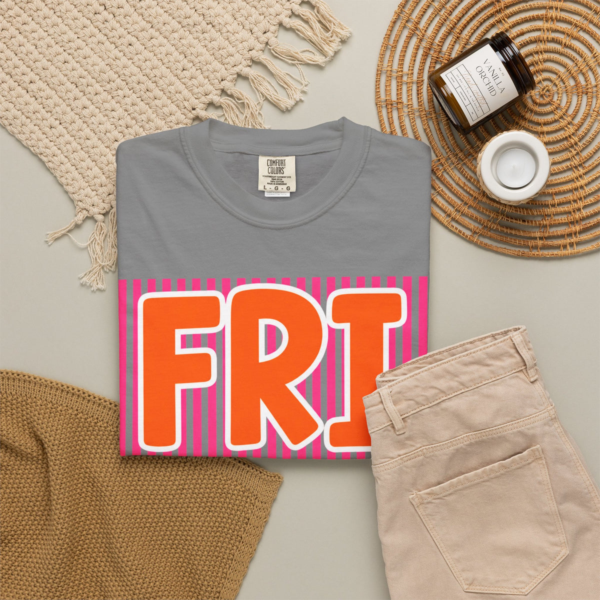 FRI yay T-shirt | Bright Retro Text, Pink Stripes