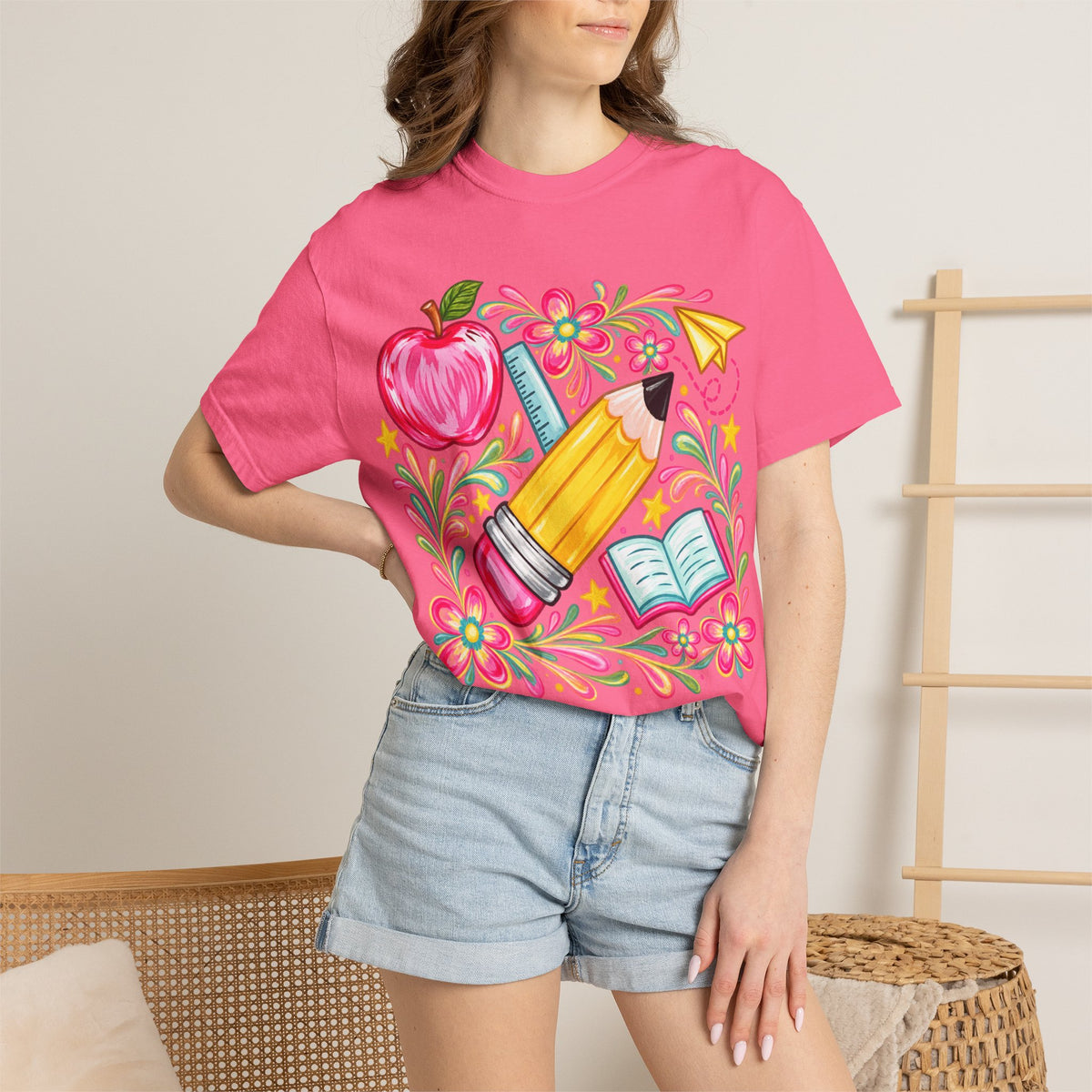 School Supplies Pencil Apple Floral T-shirt | Teacher Student Back to School