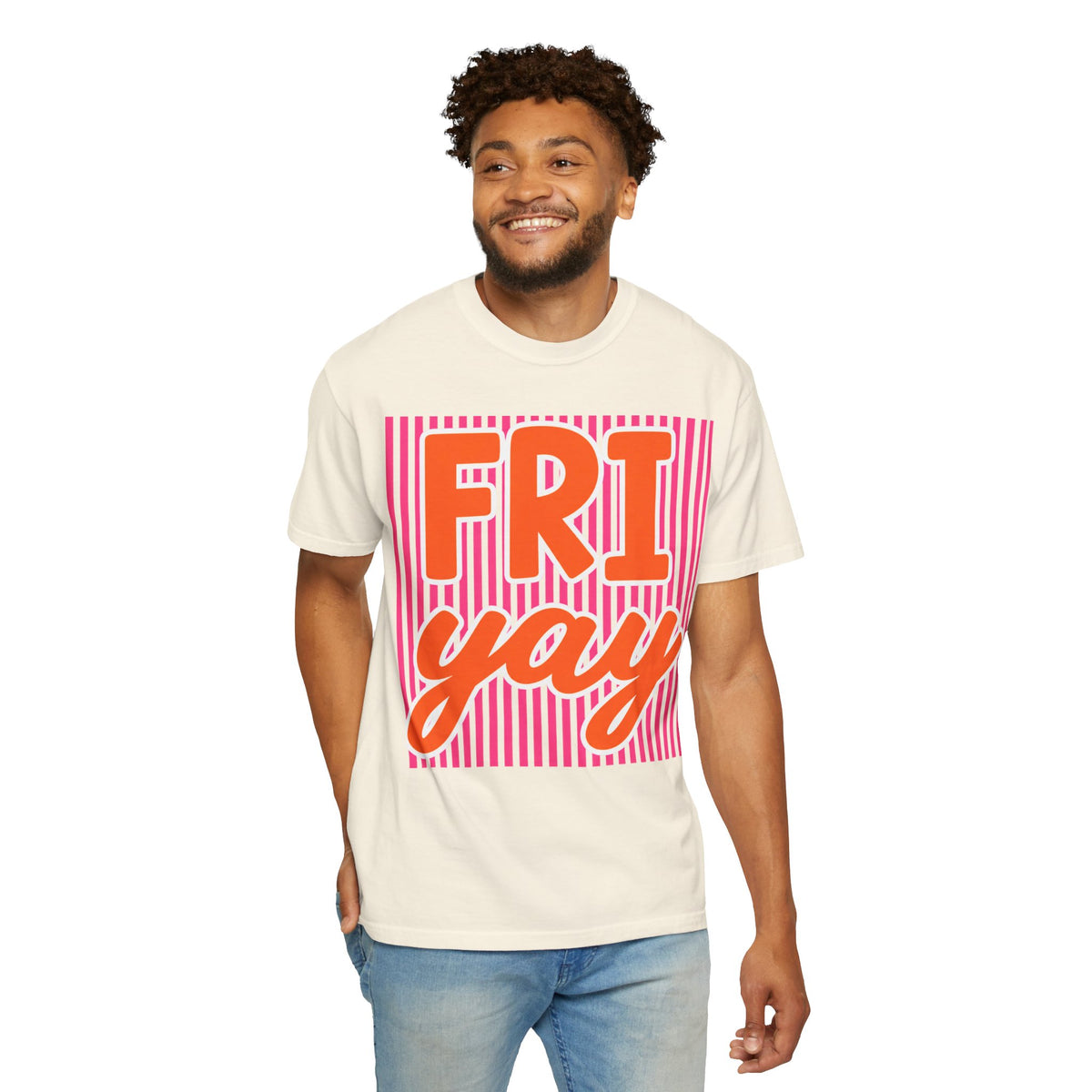 FRI yay T-shirt | Bright Retro Text, Pink Stripes