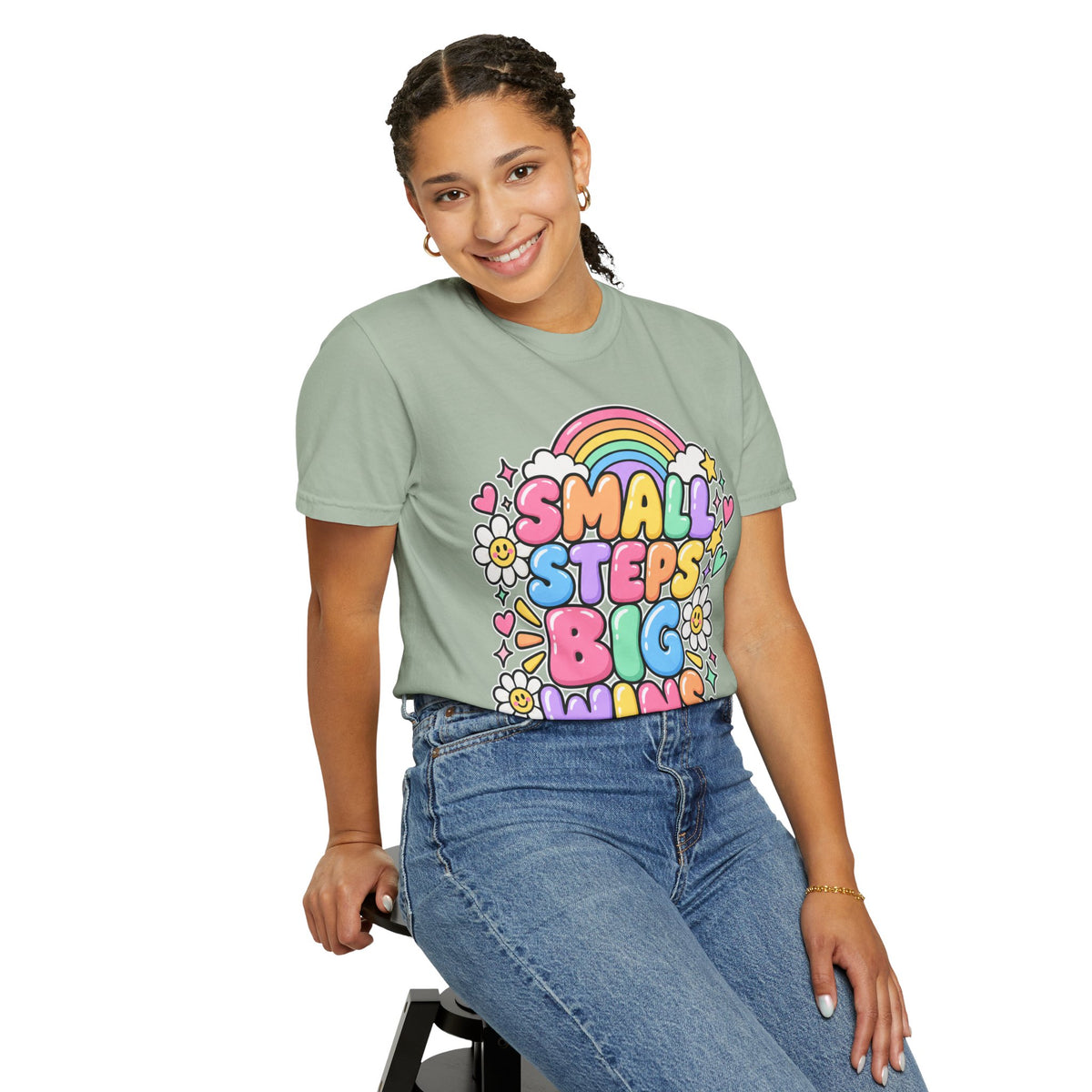 Small Steps Big Wins T-shirt | Retro Rainbow Positive Graphic