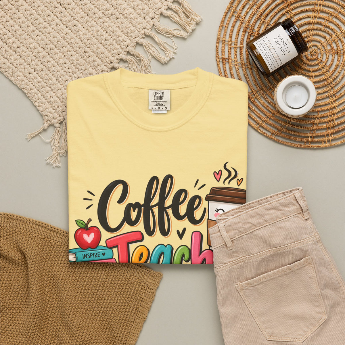 Coffee Teach Repeat T-shirt | Teacher Coffee Book Stack Pencil Mug Design