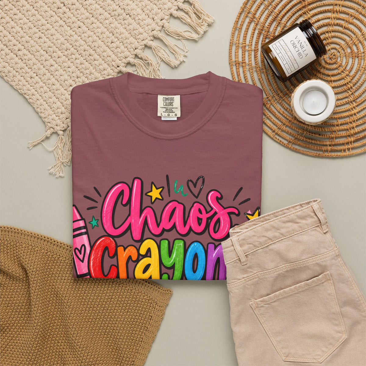 Chaos Crayons & Confidence T-shirt | Colorful Crayon School Art Tee