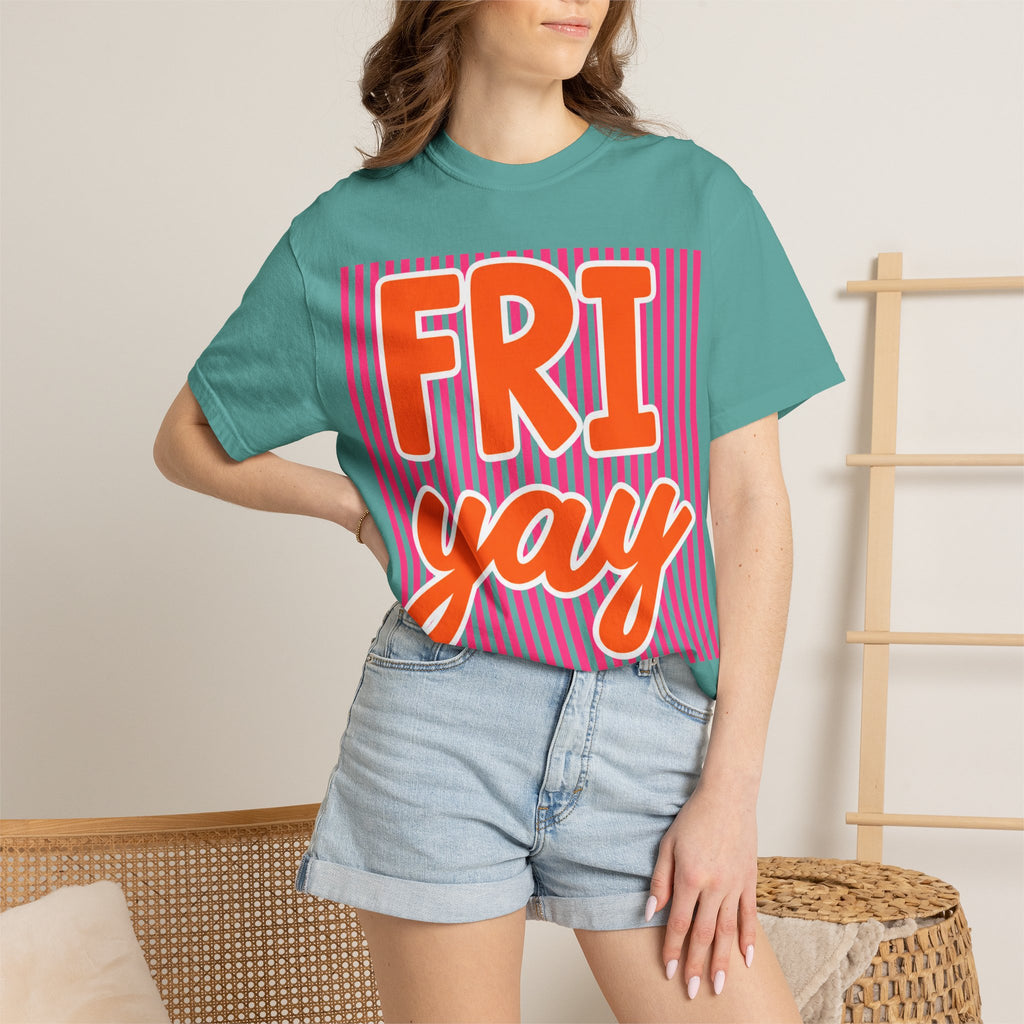 FRI yay T-shirt | Bright Retro Text, Pink Stripes