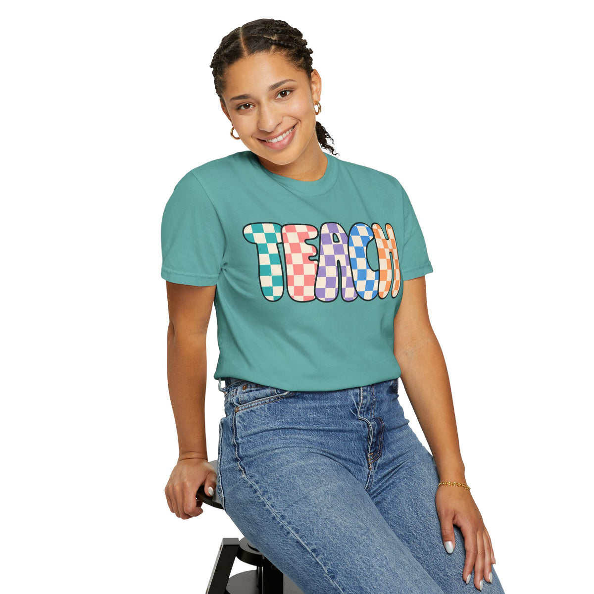 Teach Bubble Letters Checkerboard T-Shirt | Colorful Retro School Tee