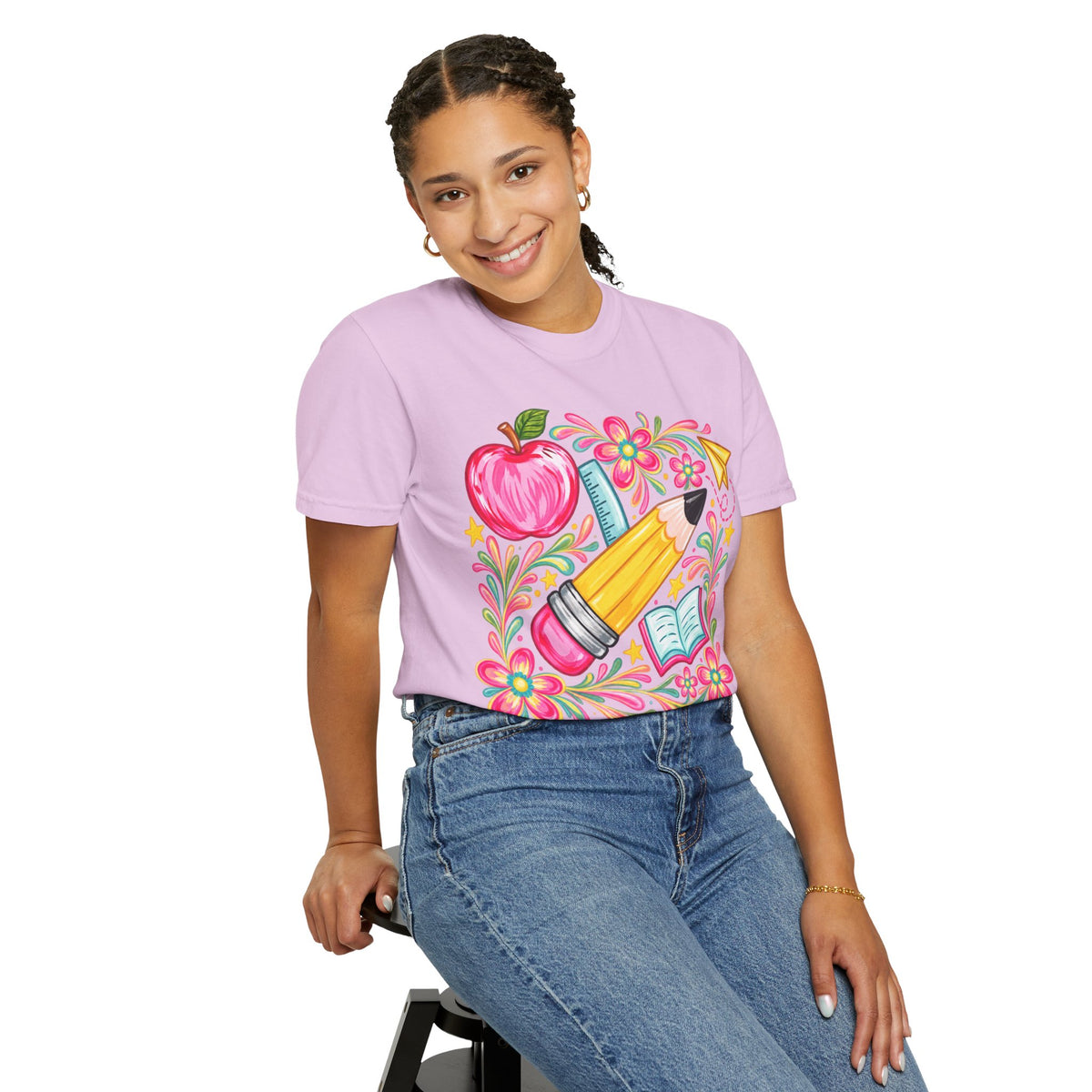 School Supplies Pencil Apple Floral T-shirt | Teacher Student Back to School