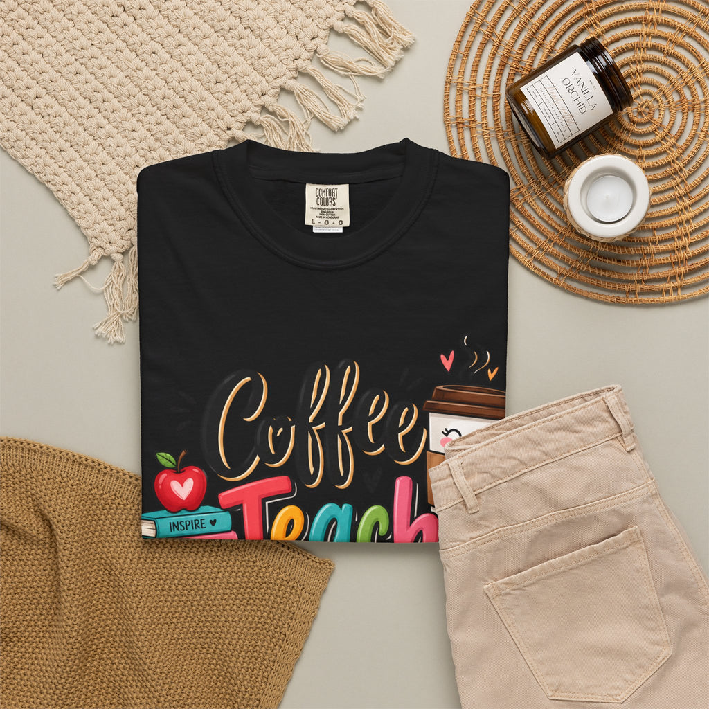 Coffee Teach Repeat T-shirt | Teacher Coffee Book Stack Pencil Mug Design