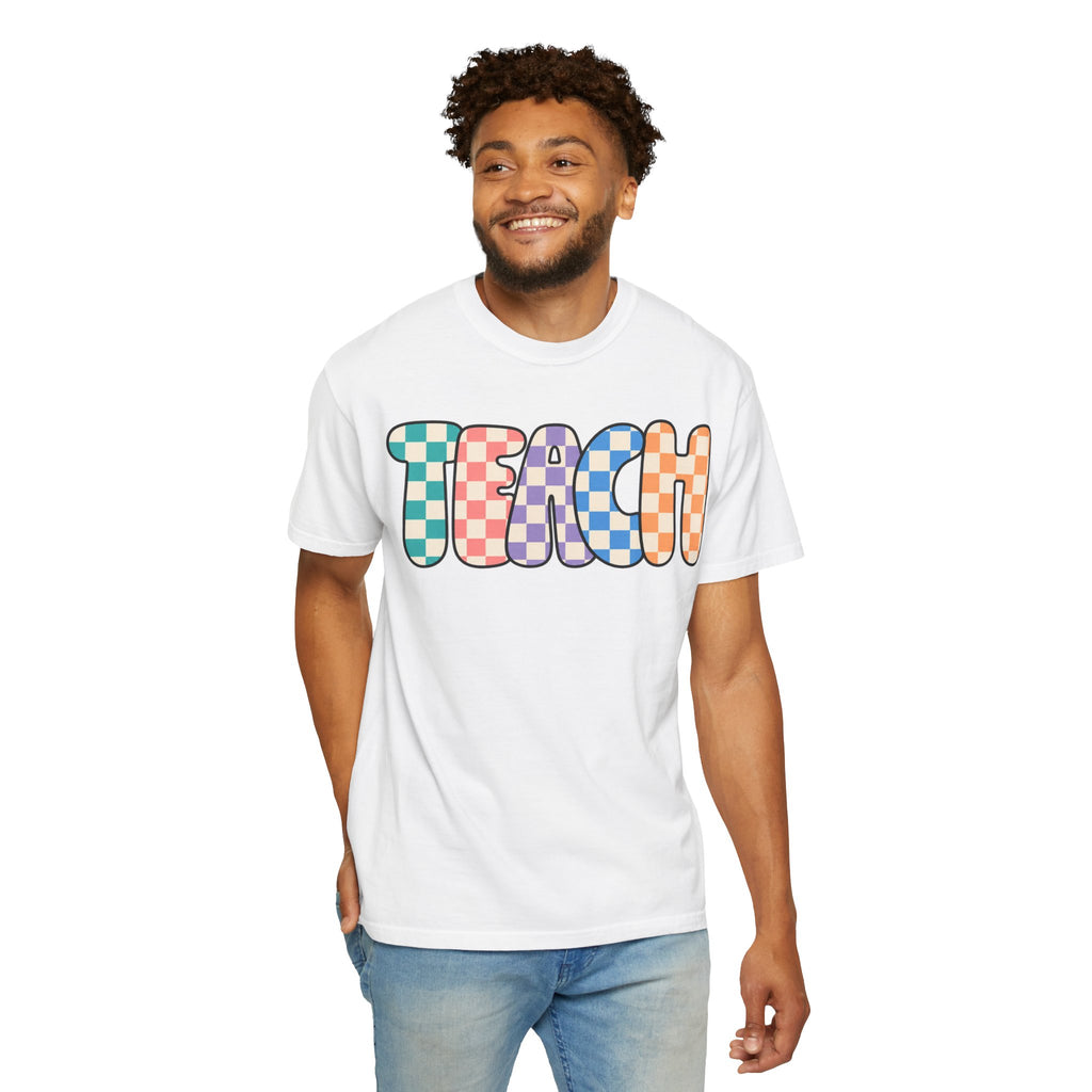 Teach Bubble Letters Checkerboard T-Shirt | Colorful Retro School Tee