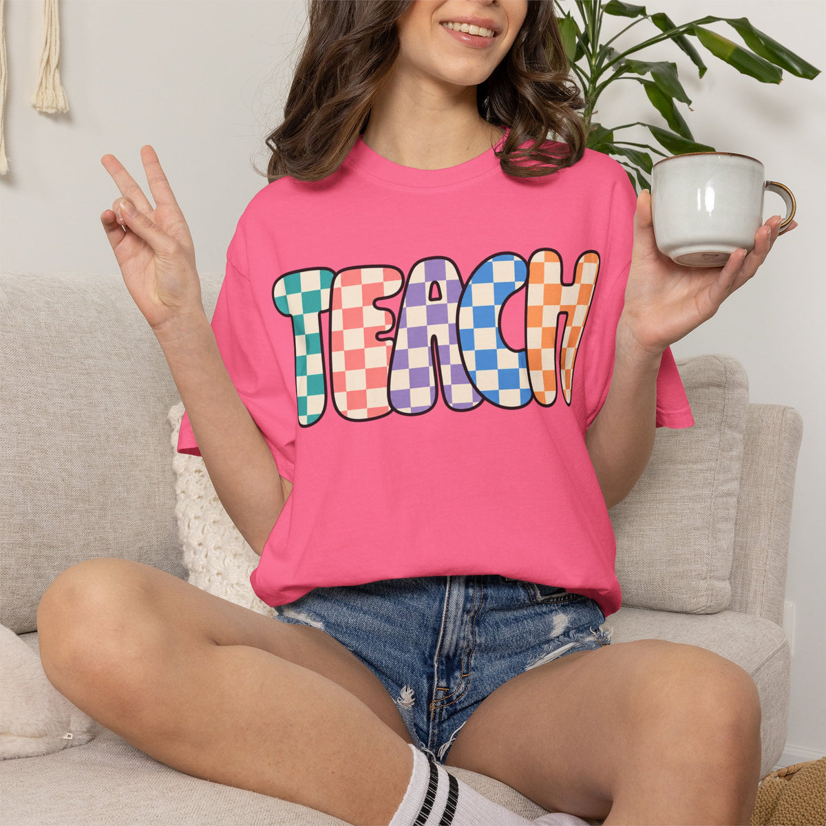 Teach Bubble Letters Checkerboard T-Shirt | Colorful Retro School Tee