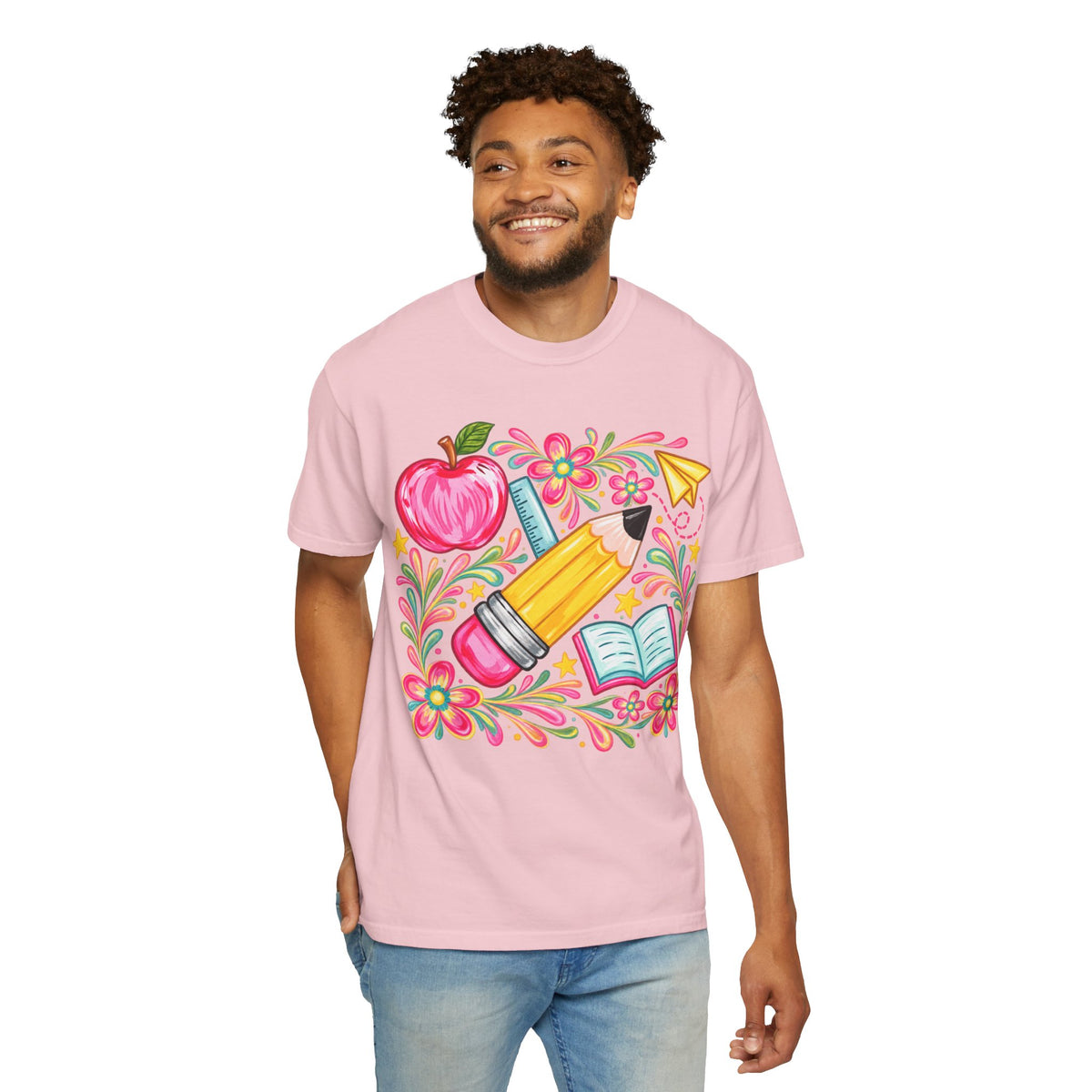 School Supplies Pencil Apple Floral T-shirt | Teacher Student Back to School