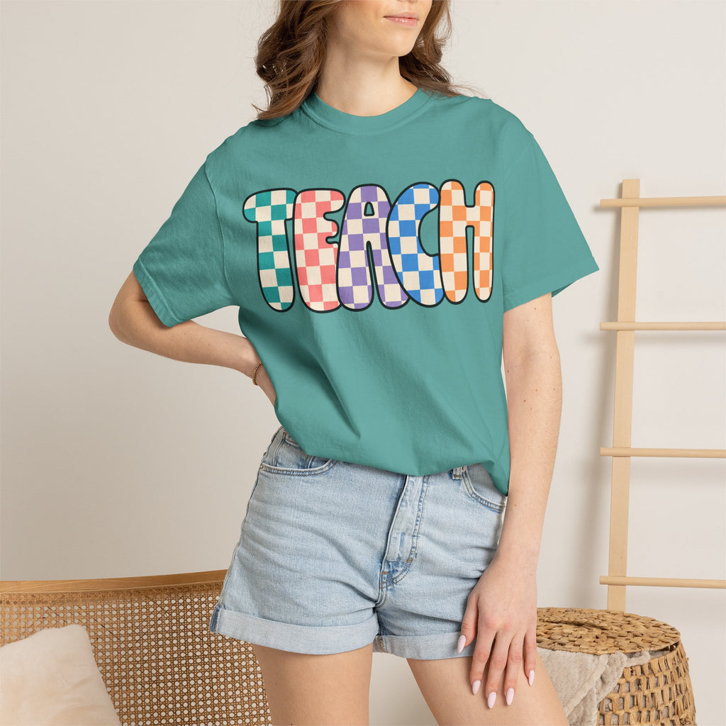 Teach Bubble Letters Checkerboard T-Shirt | Colorful Retro School Tee
