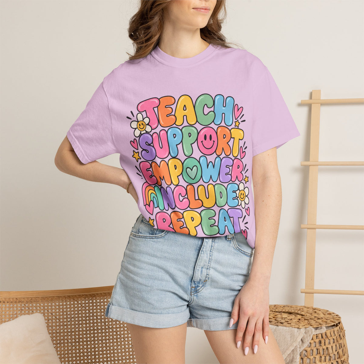 Teach Support Empower Include Repeat T-shirt | Rainbow Positivity Tee