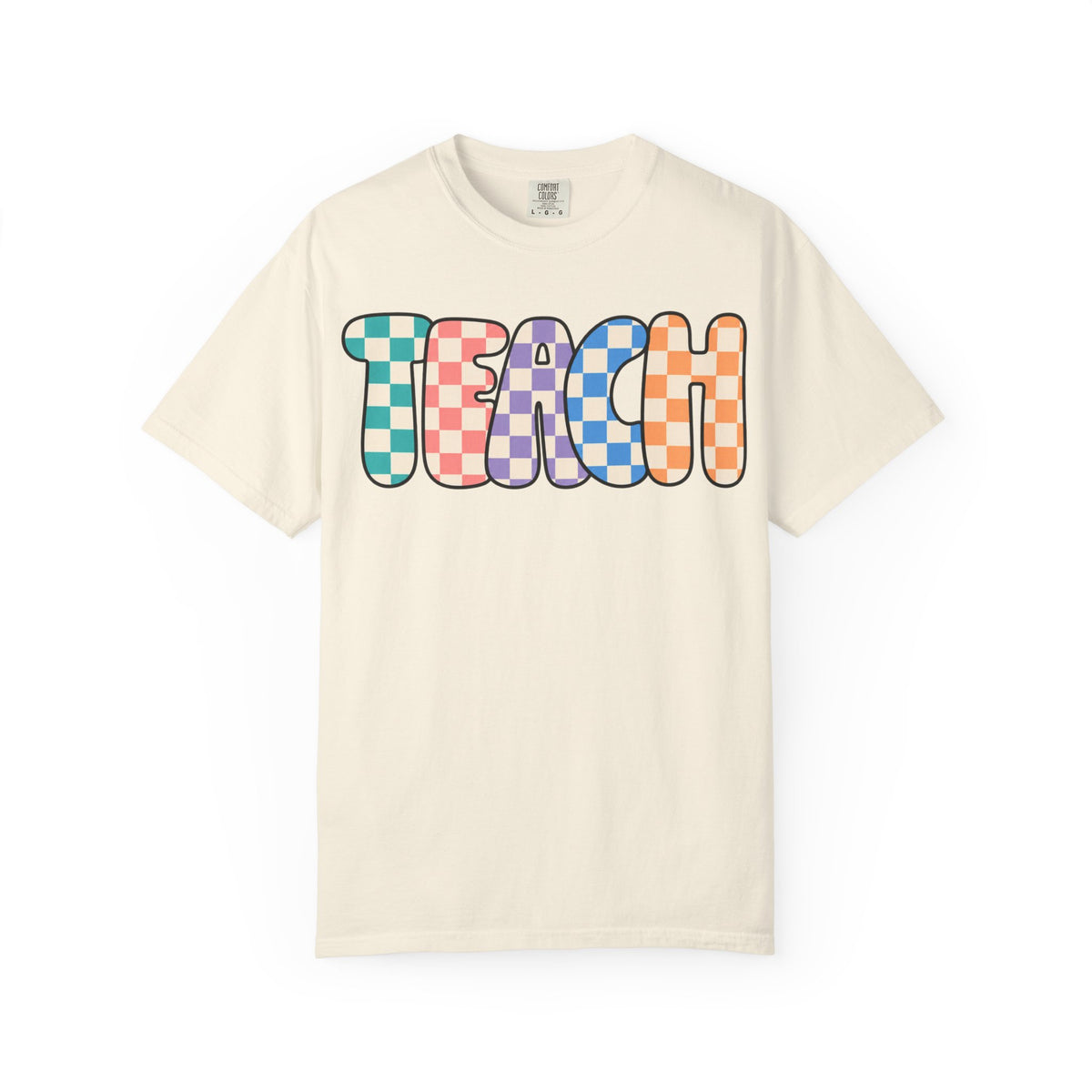 Teach Bubble Letters Checkerboard T-Shirt | Colorful Retro School Tee