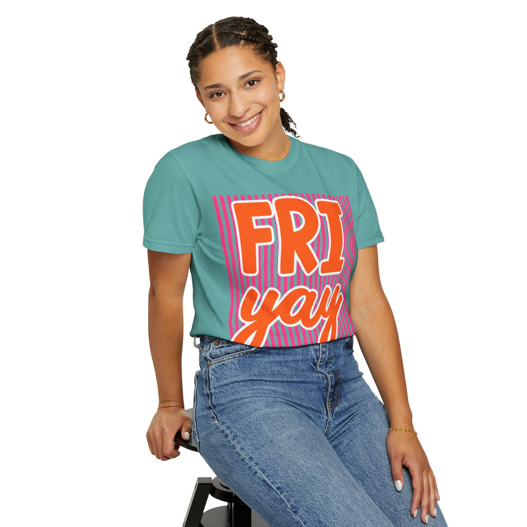 FRI yay T-shirt | Bright Retro Text, Pink Stripes
