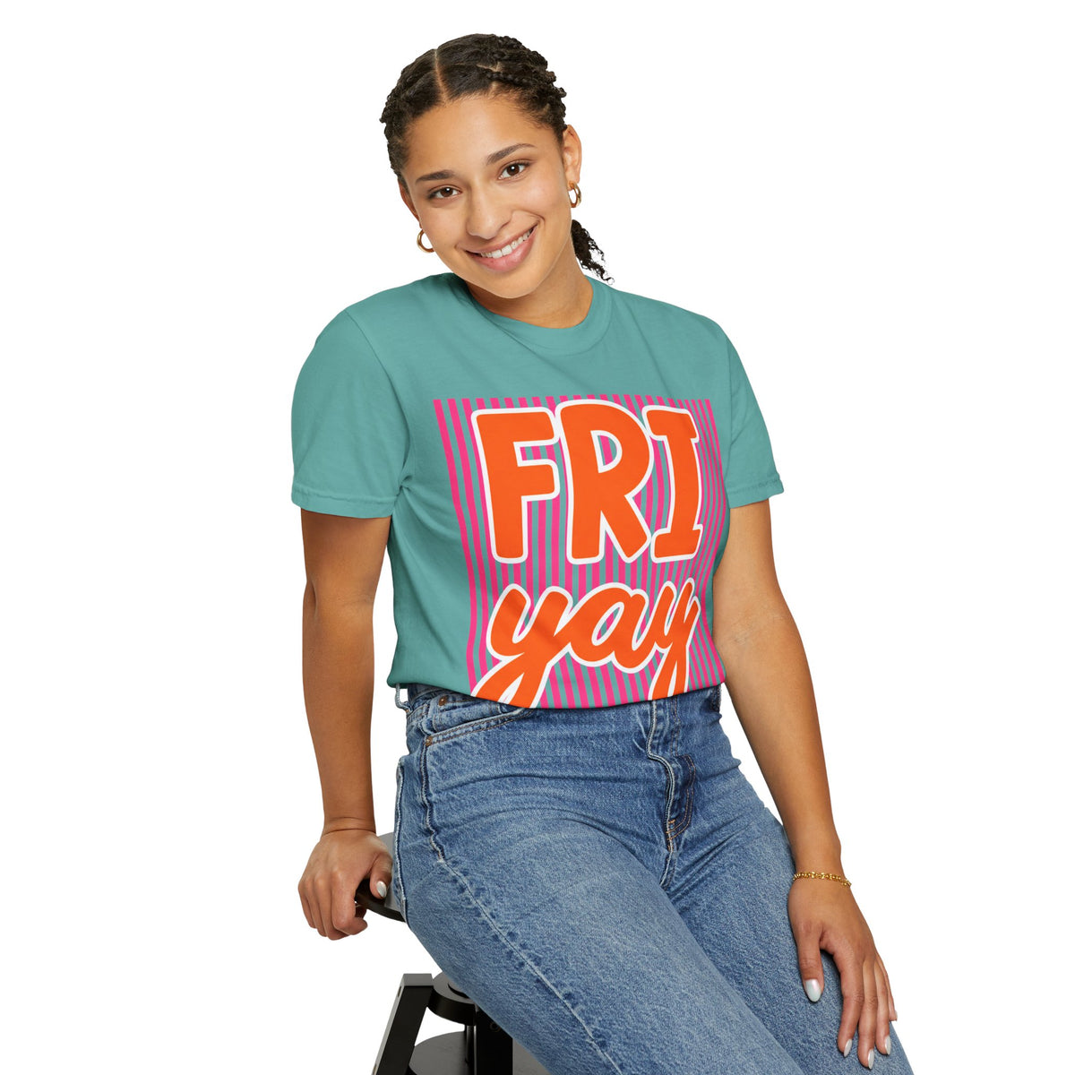 FRI yay T-shirt | Bright Retro Text, Pink Stripes