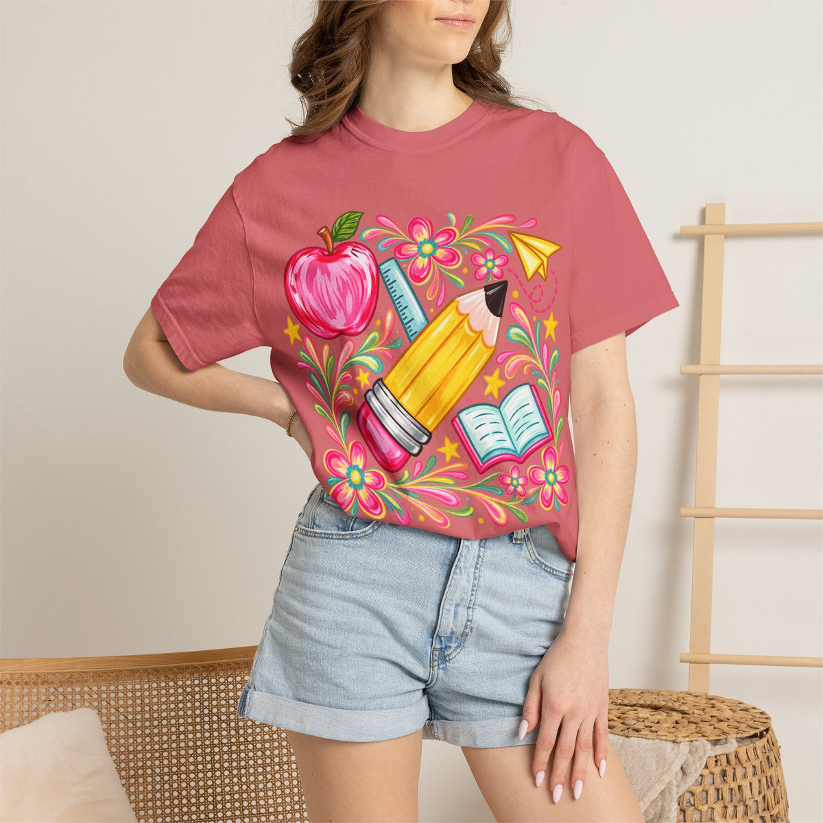 School Supplies Pencil Apple Floral T-shirt | Teacher Student Back to School