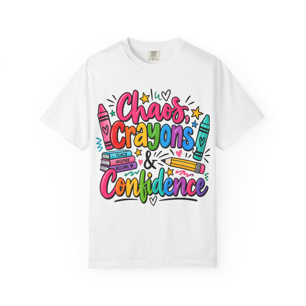 Chaos Crayons & Confidence T-shirt | Colorful Crayon School Art Tee