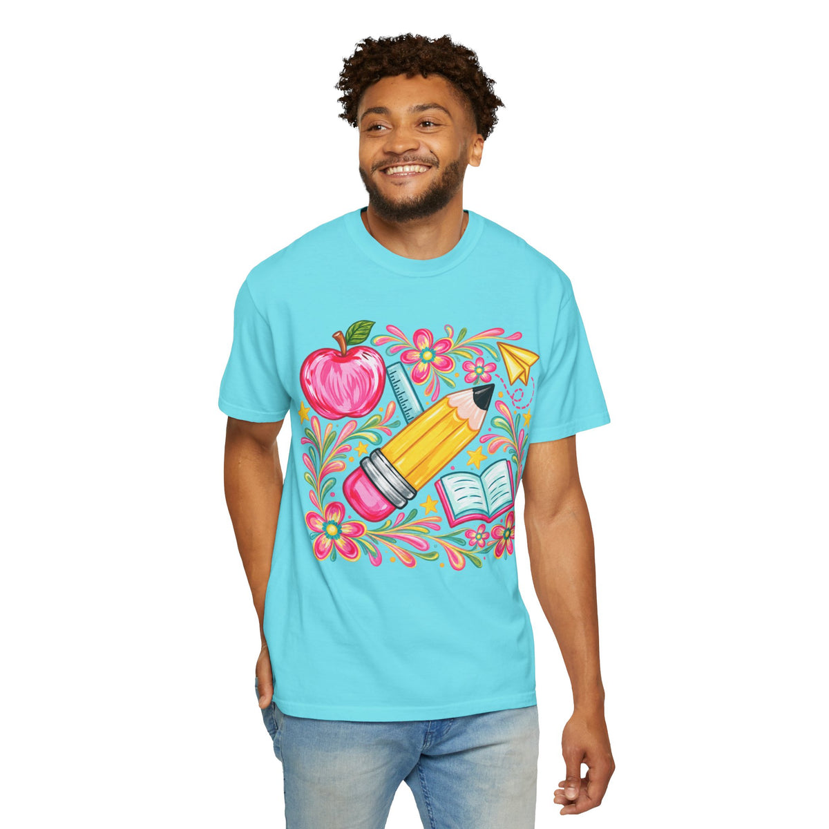 School Supplies Pencil Apple Floral T-shirt | Teacher Student Back to School