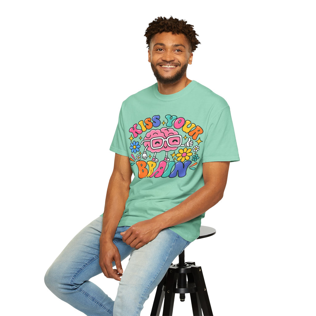 Kiss Your Brain BRI TEE | T-Shirt, Retro Cartoon Brain with Flowers
