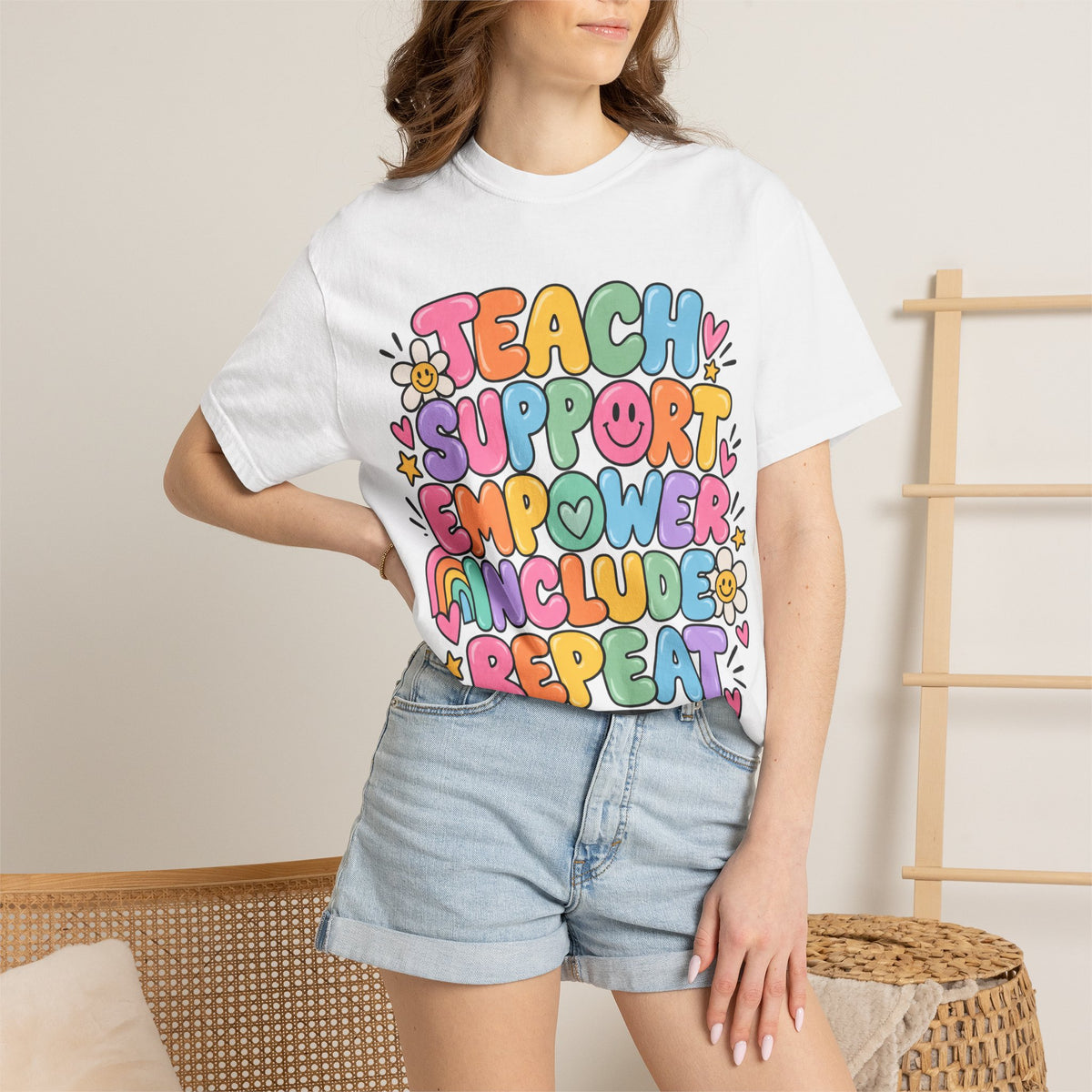 Teach Support Empower Include Repeat T-shirt | Rainbow Positivity Tee