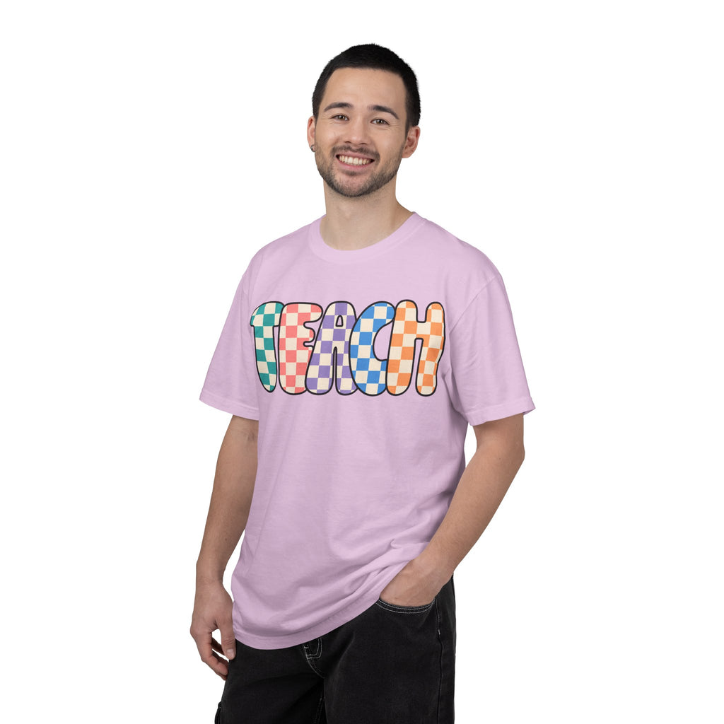 Teach Bubble Letters Checkerboard T-Shirt | Colorful Retro School Tee