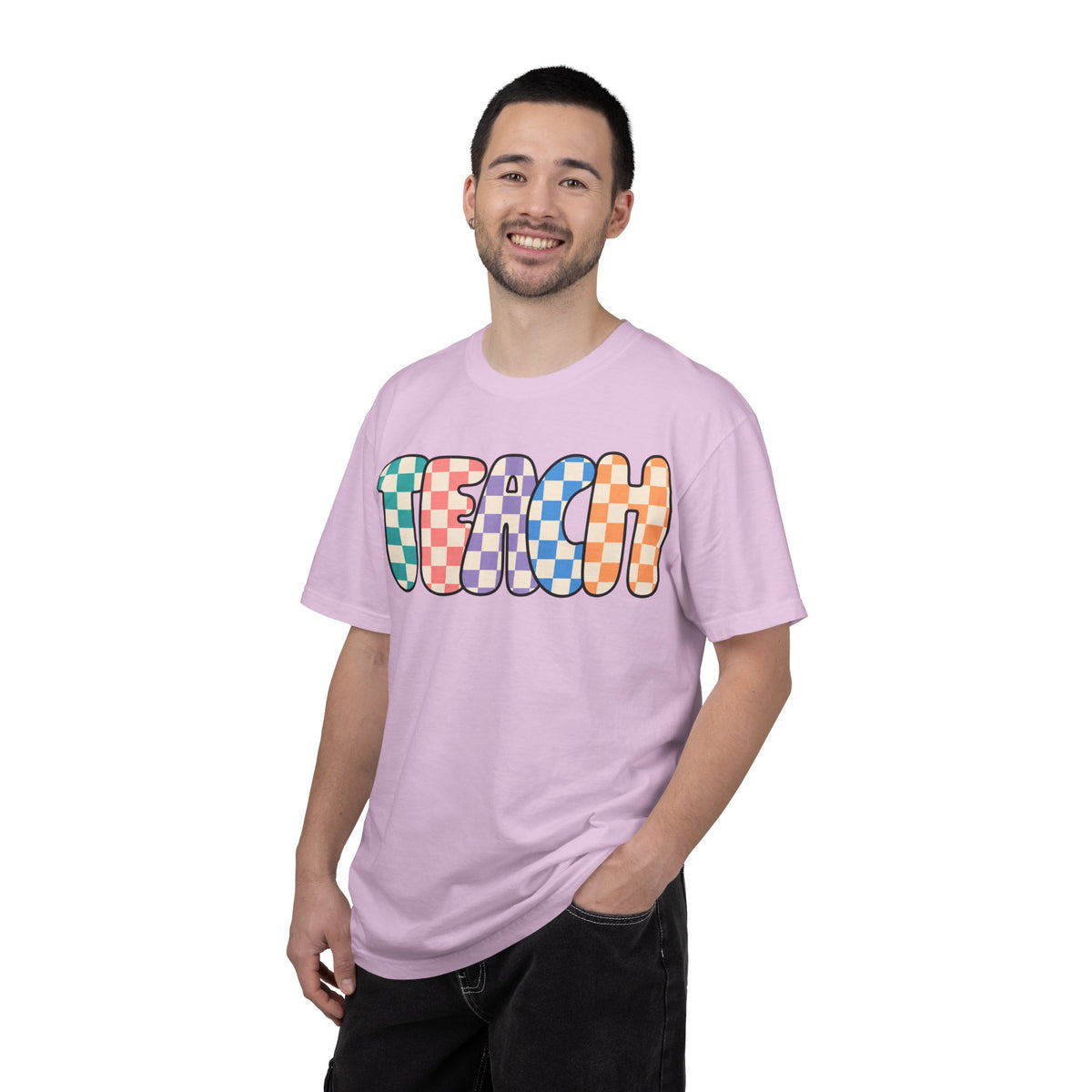 Teach Bubble Letters Checkerboard T-Shirt | Colorful Retro School Tee