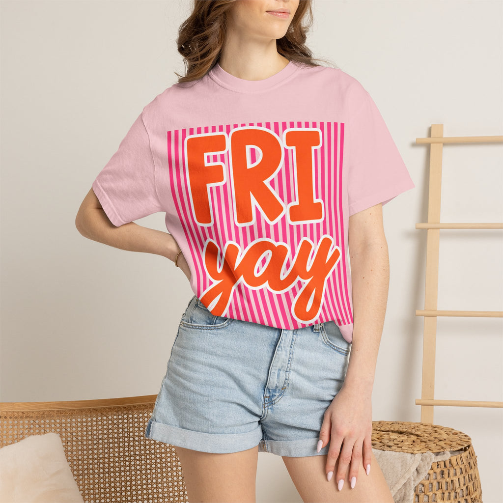 FRI yay T-shirt | Bright Retro Text, Pink Stripes