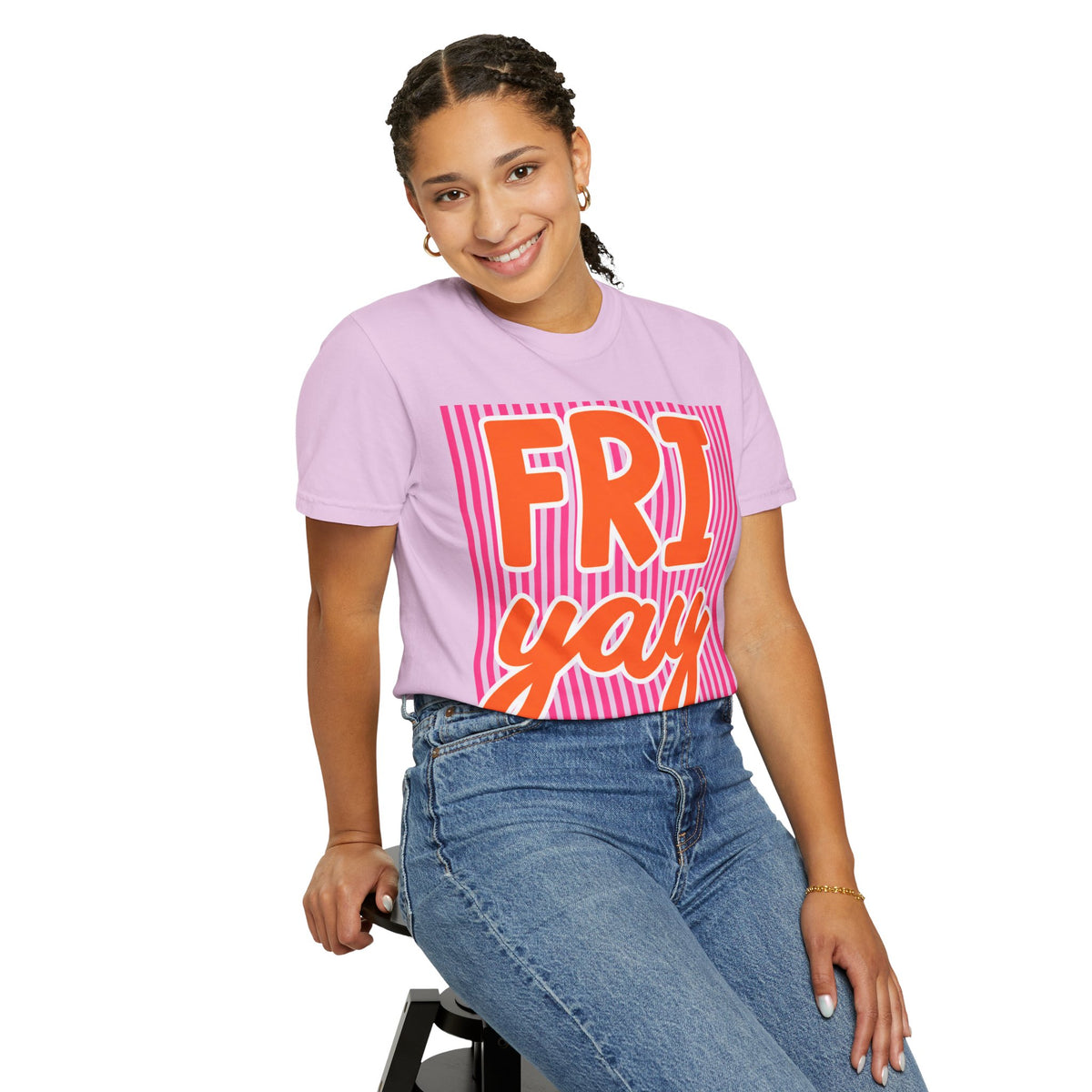 FRI yay T-shirt | Bright Retro Text, Pink Stripes