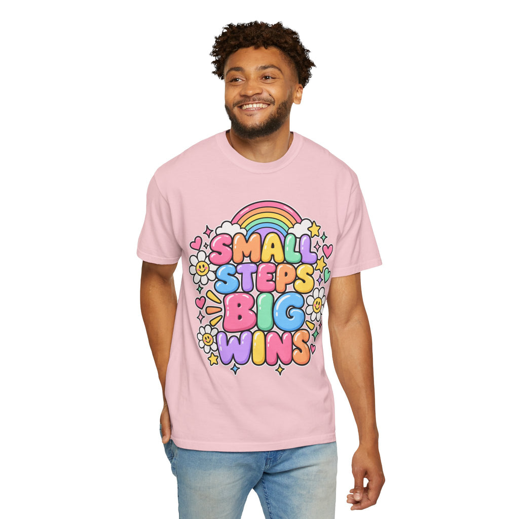 Small Steps Big Wins T-shirt | Retro Rainbow Positive Graphic