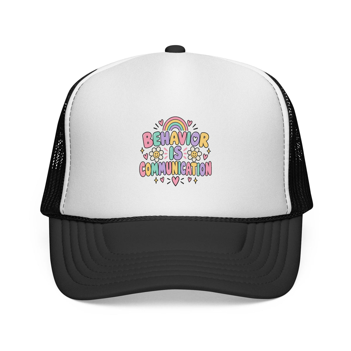 Behavior Is Communication Trucker Cap | Rainbow Floral Illustration