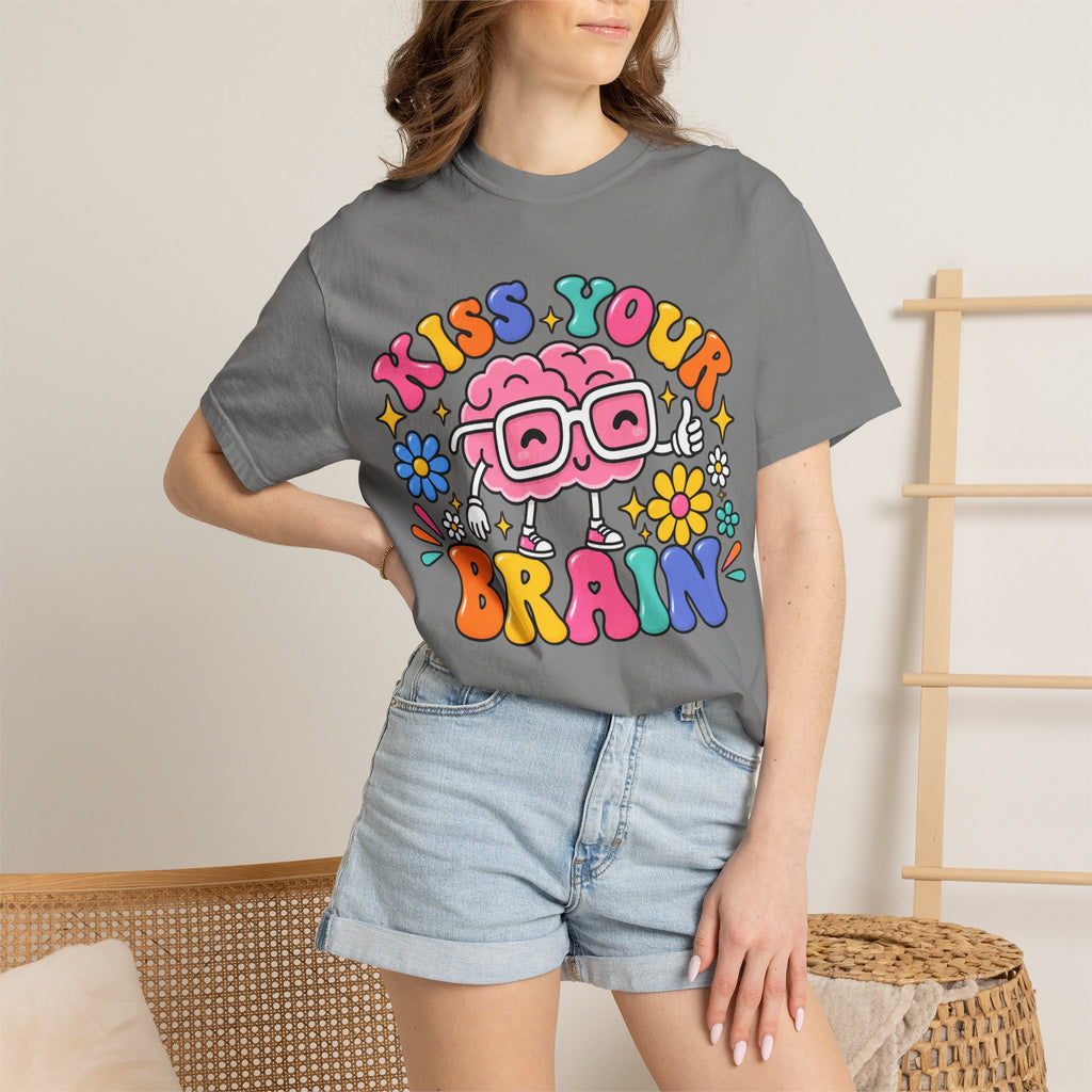 Kiss Your Brain BRI TEE | T-Shirt, Retro Cartoon Brain with Flowers
