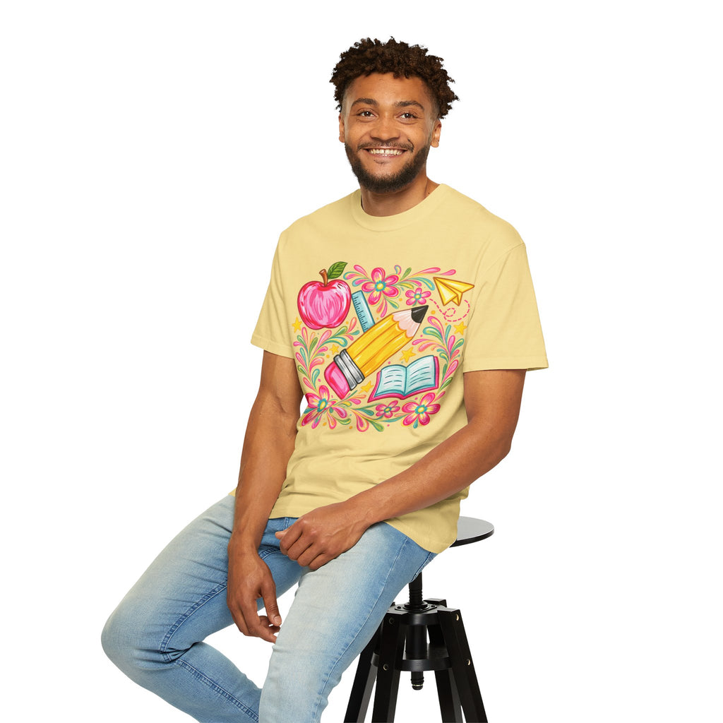 School Supplies Pencil Apple Floral T-shirt | Teacher Student Back to School