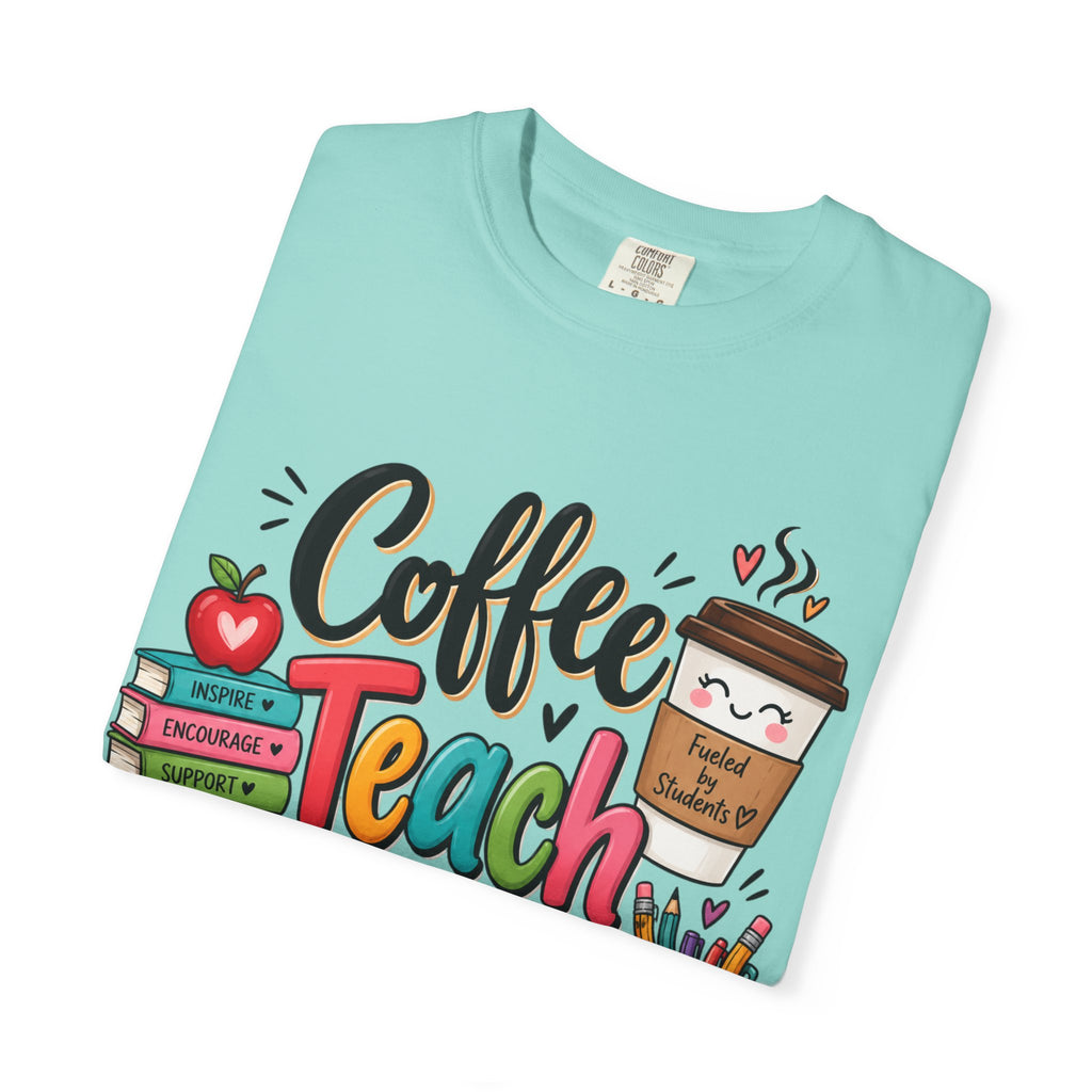 Coffee Teach Repeat T-shirt | Teacher Coffee Book Stack Pencil Mug Design
