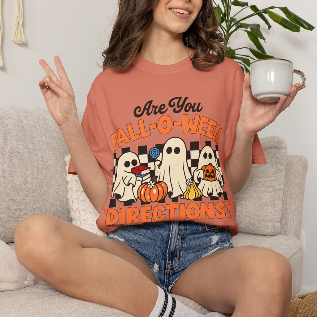 Fall-o-ween Ghosts Directions? T-shirt | Halloween pumpkin retro graphic
