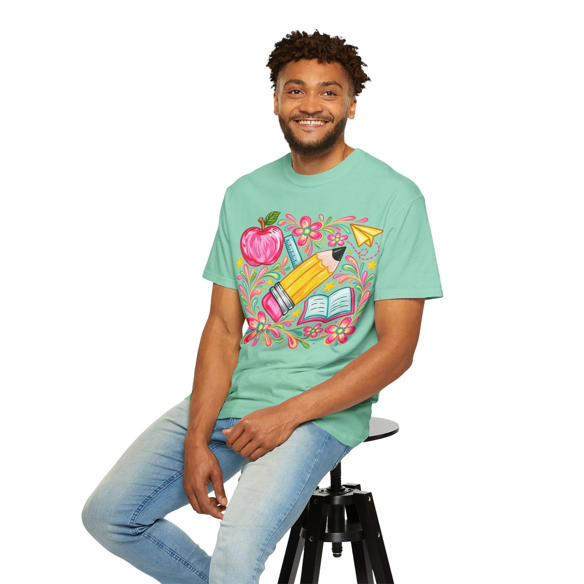 School Supplies Pencil Apple Floral T-shirt | Teacher Student Back to School
