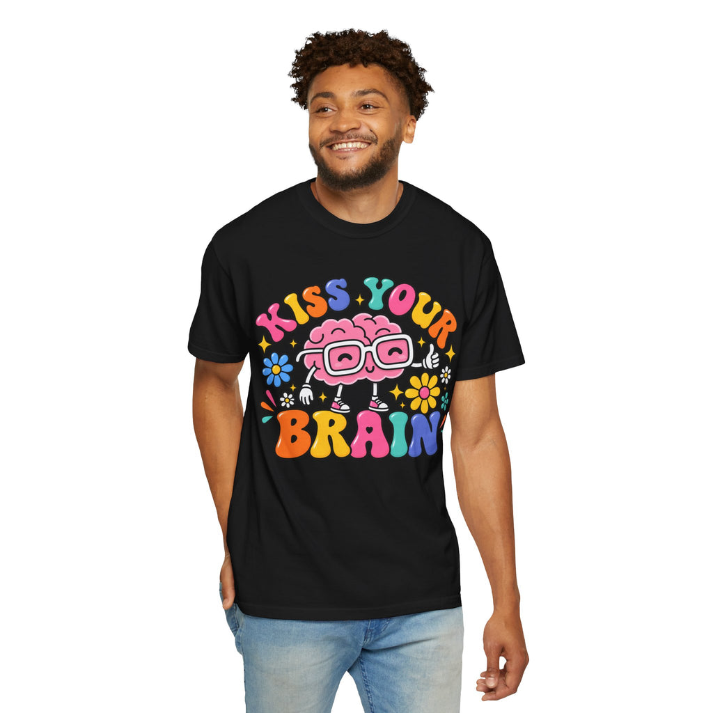 Kiss Your Brain BRI TEE | T-Shirt, Retro Cartoon Brain with Flowers
