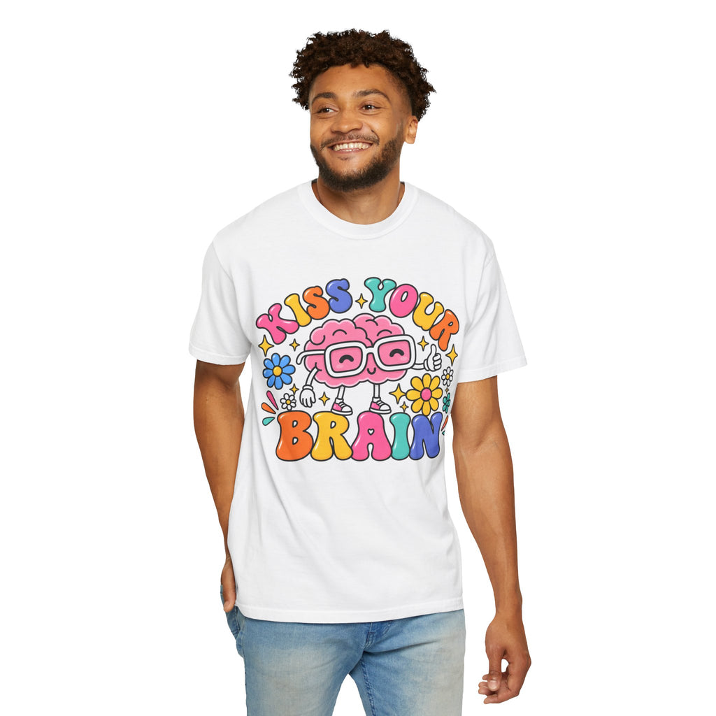 Kiss Your Brain BRI TEE | T-Shirt, Retro Cartoon Brain with Flowers