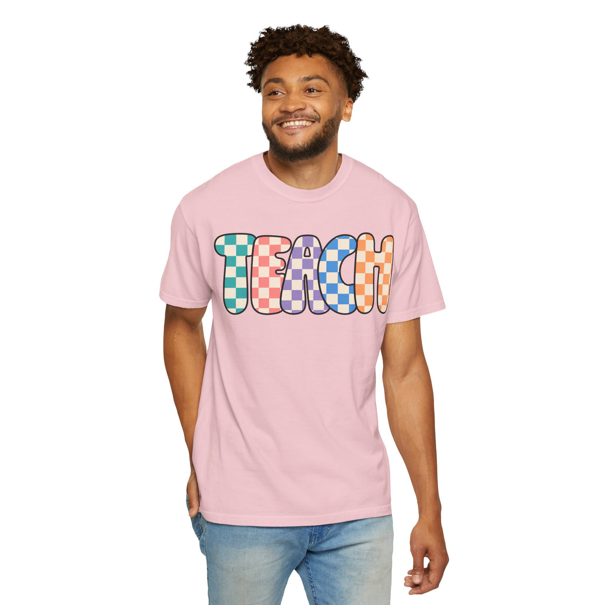 Teach Bubble Letters Checkerboard T-Shirt | Colorful Retro School Tee