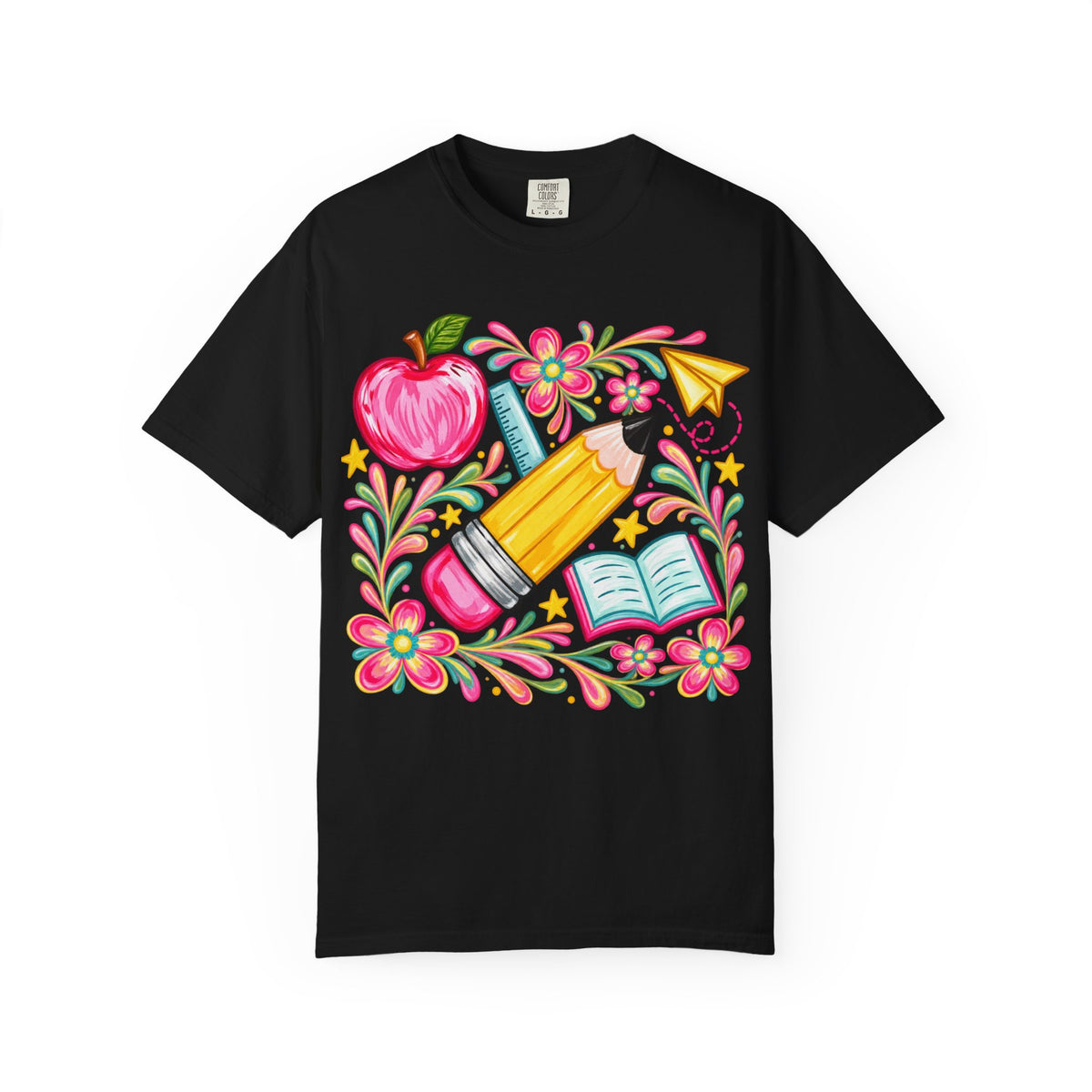 School Supplies Pencil Apple Floral T-shirt | Teacher Student Back to School