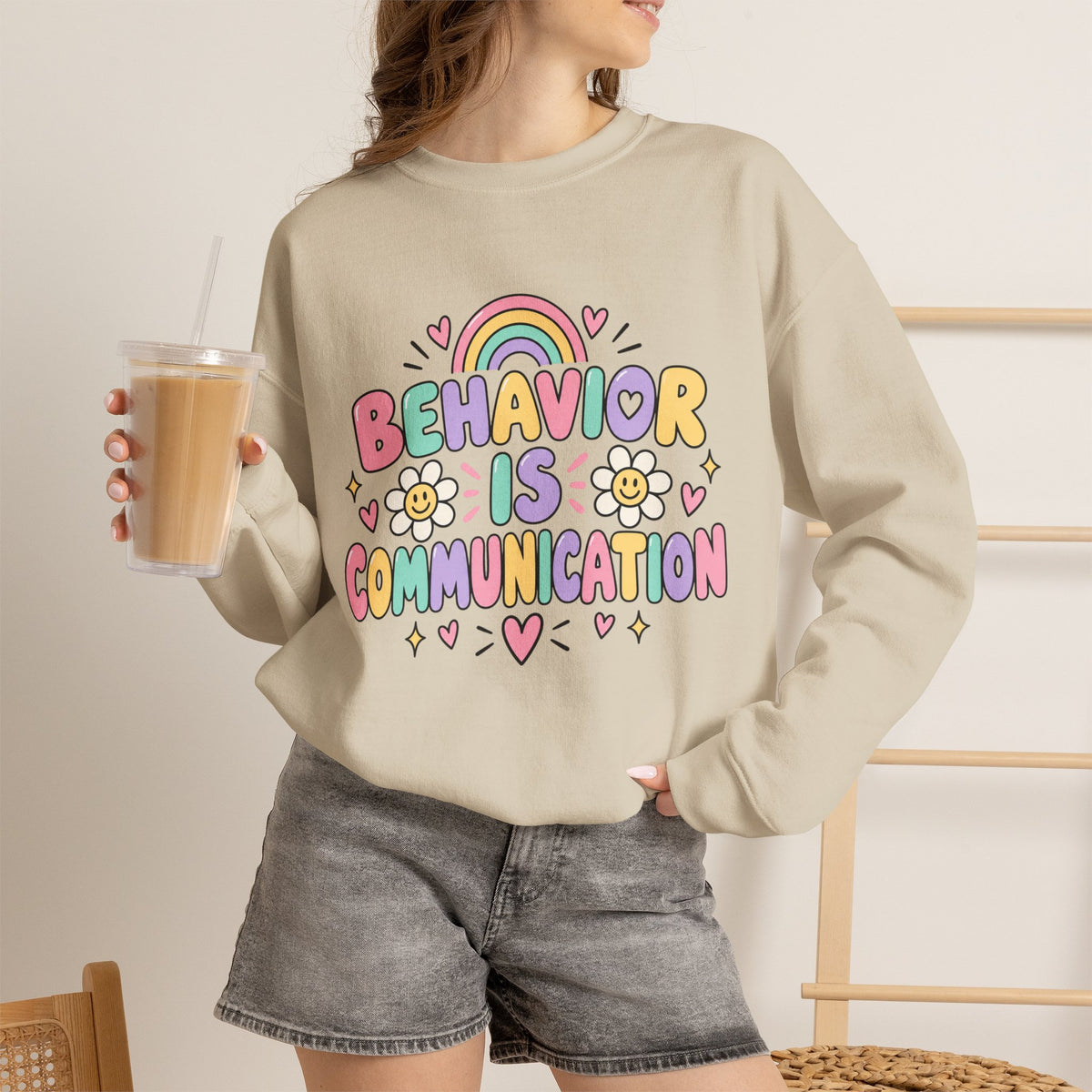 Behavior Is Communication Sweatshirt | Pastel Rainbow Floral Design