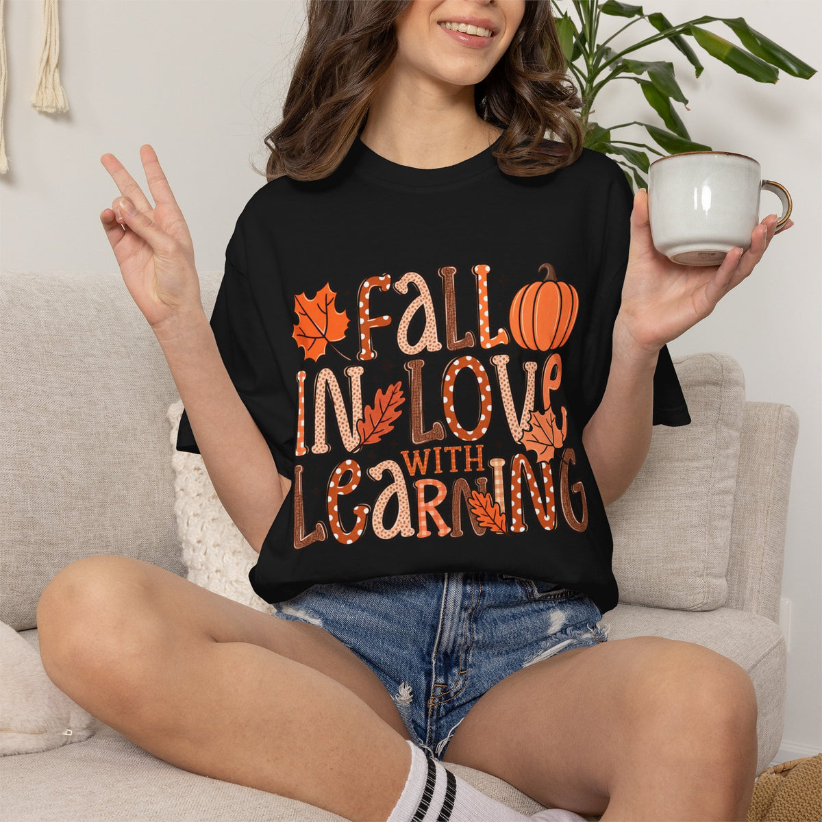 Fall in Love with Learning T-Shirt | Teacher Autumn Pumpkin Leaves